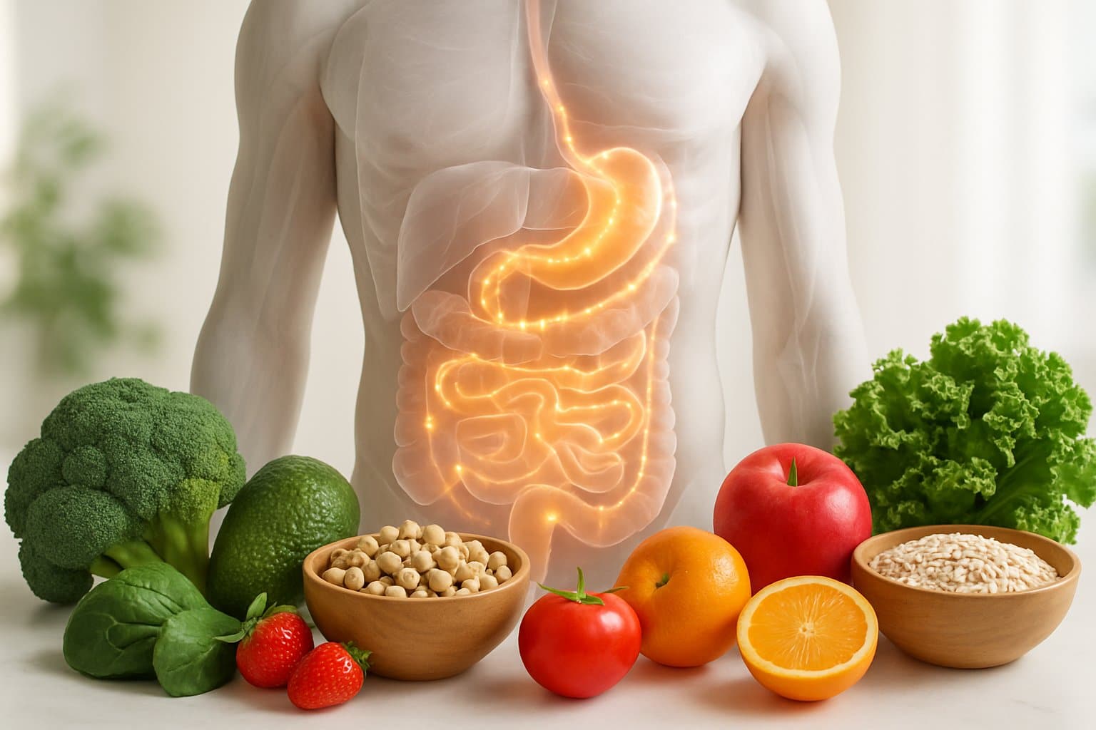 A human torso showing the digestive system with glowing pathways, surrounded by fresh fruits and vegetables representing natural ways to support hormone function.