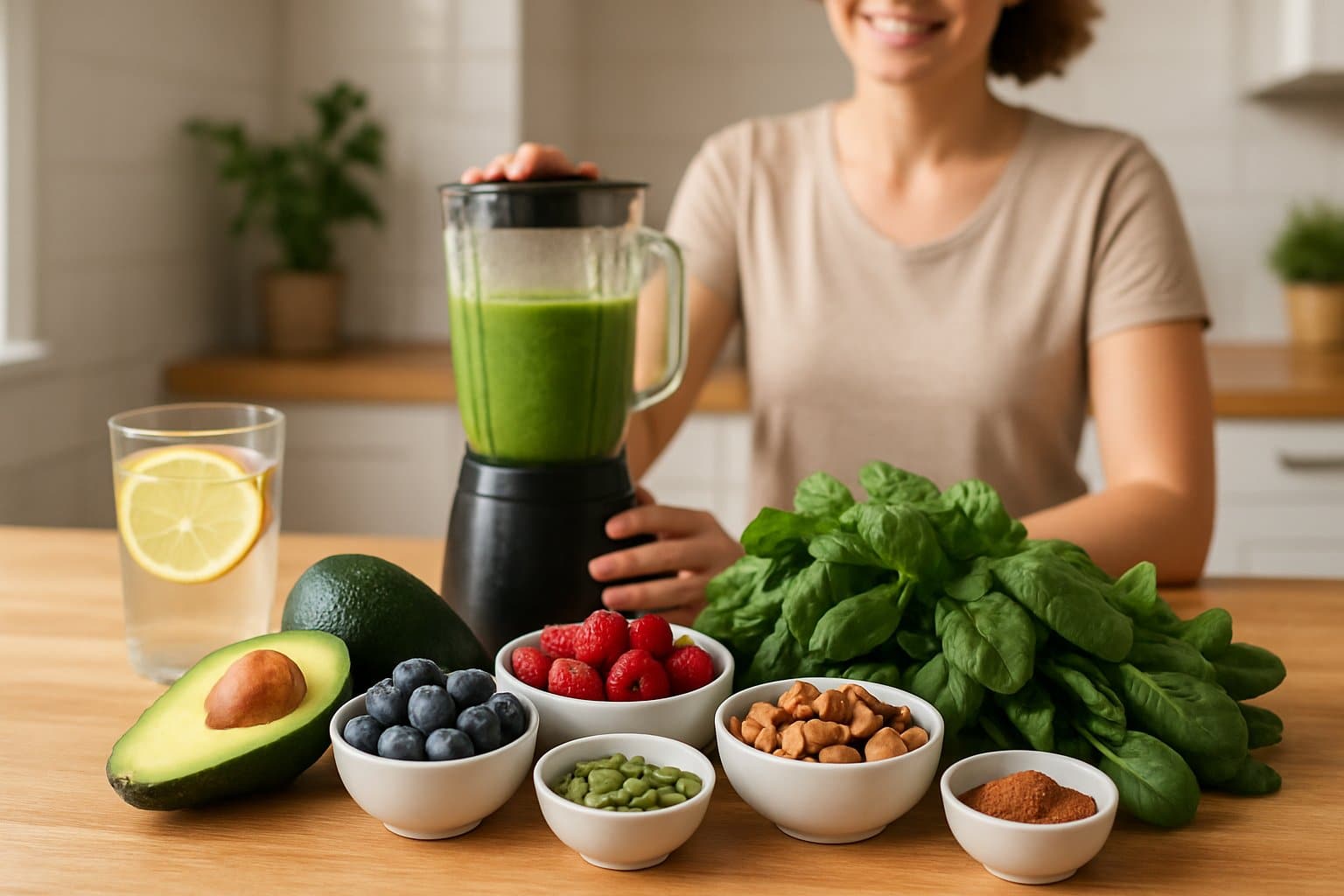 A person preparing a healthy smoothie in a kitchen with fresh fruits, vegetables, nuts, and spices displayed on the countertop.