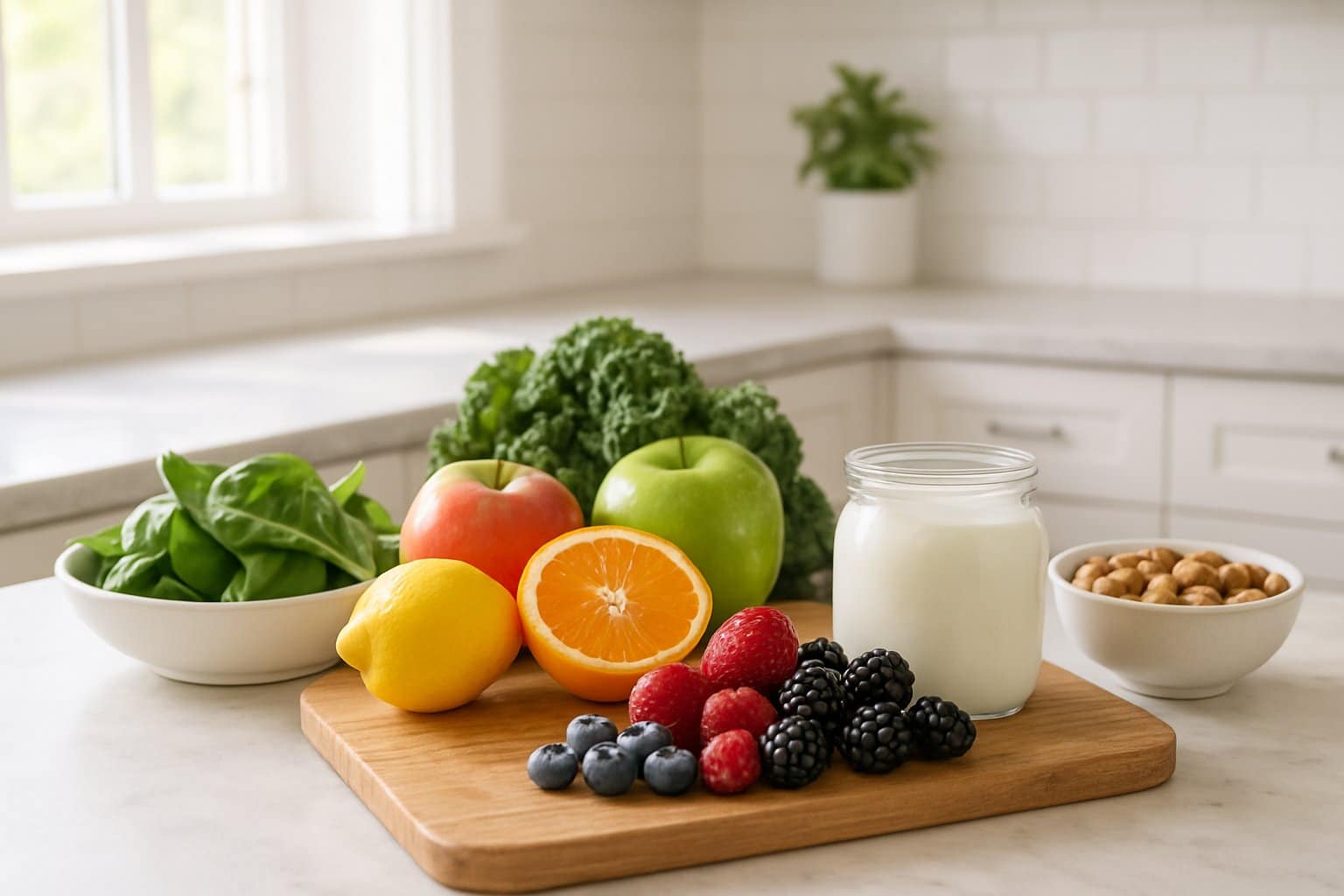 A kitchen countertop with fresh fruits, leafy greens, yogurt, and nuts arranged on a wooden cutting board near a window.