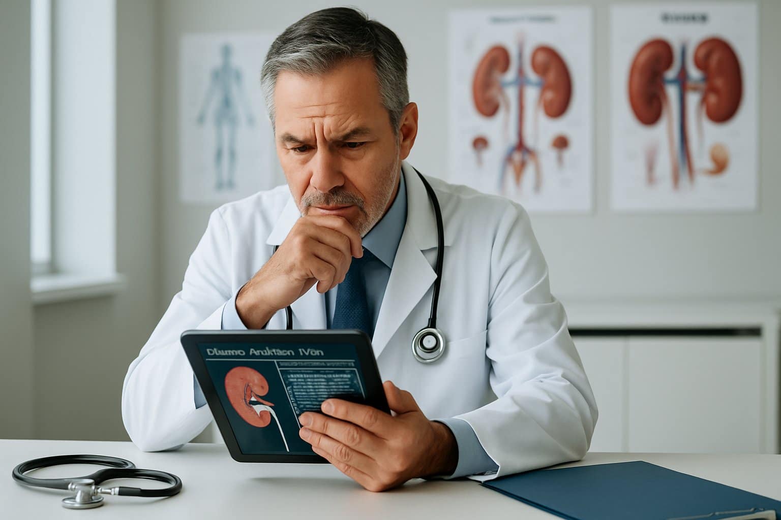 A doctor reviewing kidney test results in a medical office, looking thoughtful and focused.