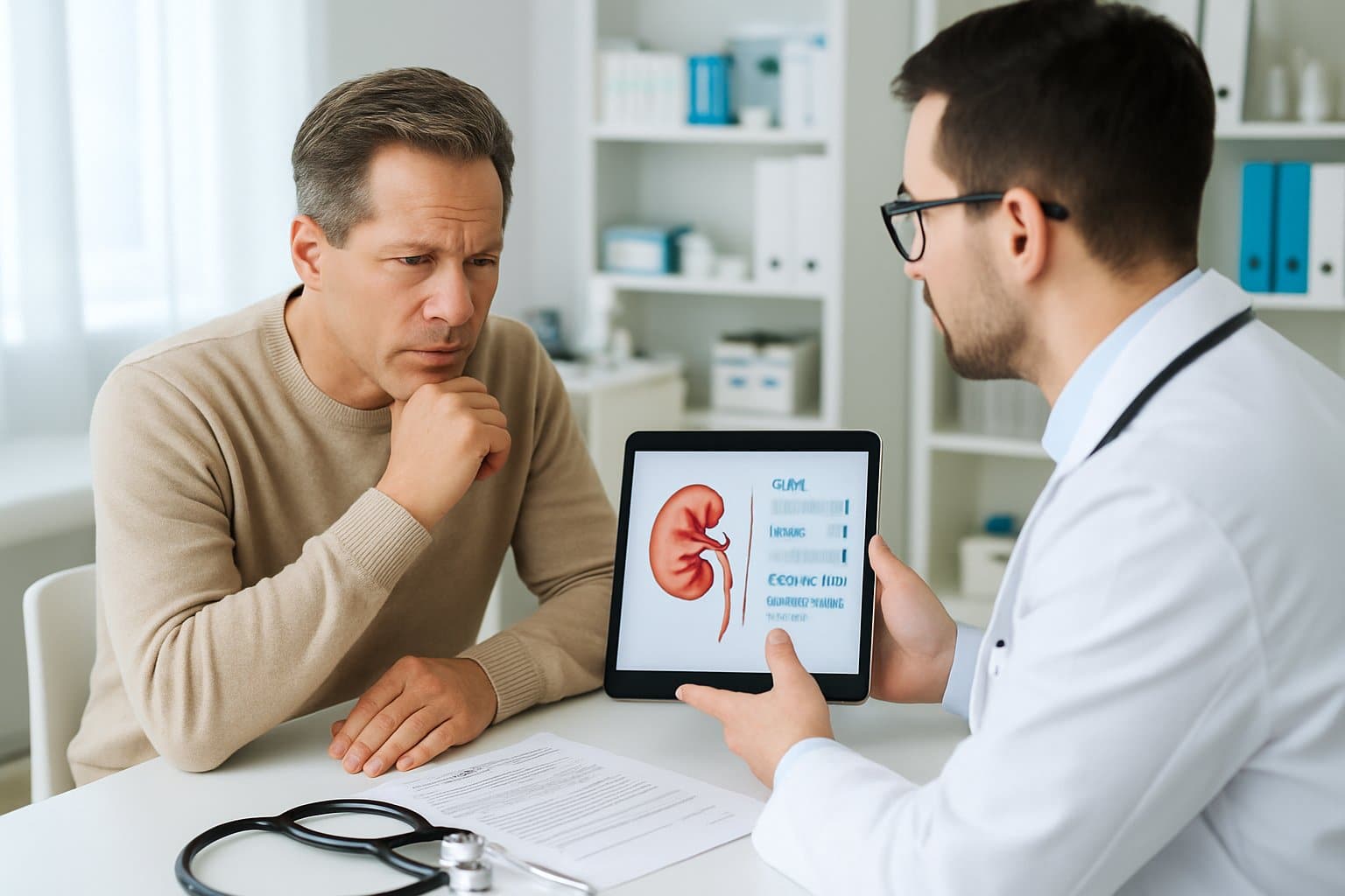 A patient talks with a doctor in a medical office, looking concerned while the doctor explains information using a tablet.