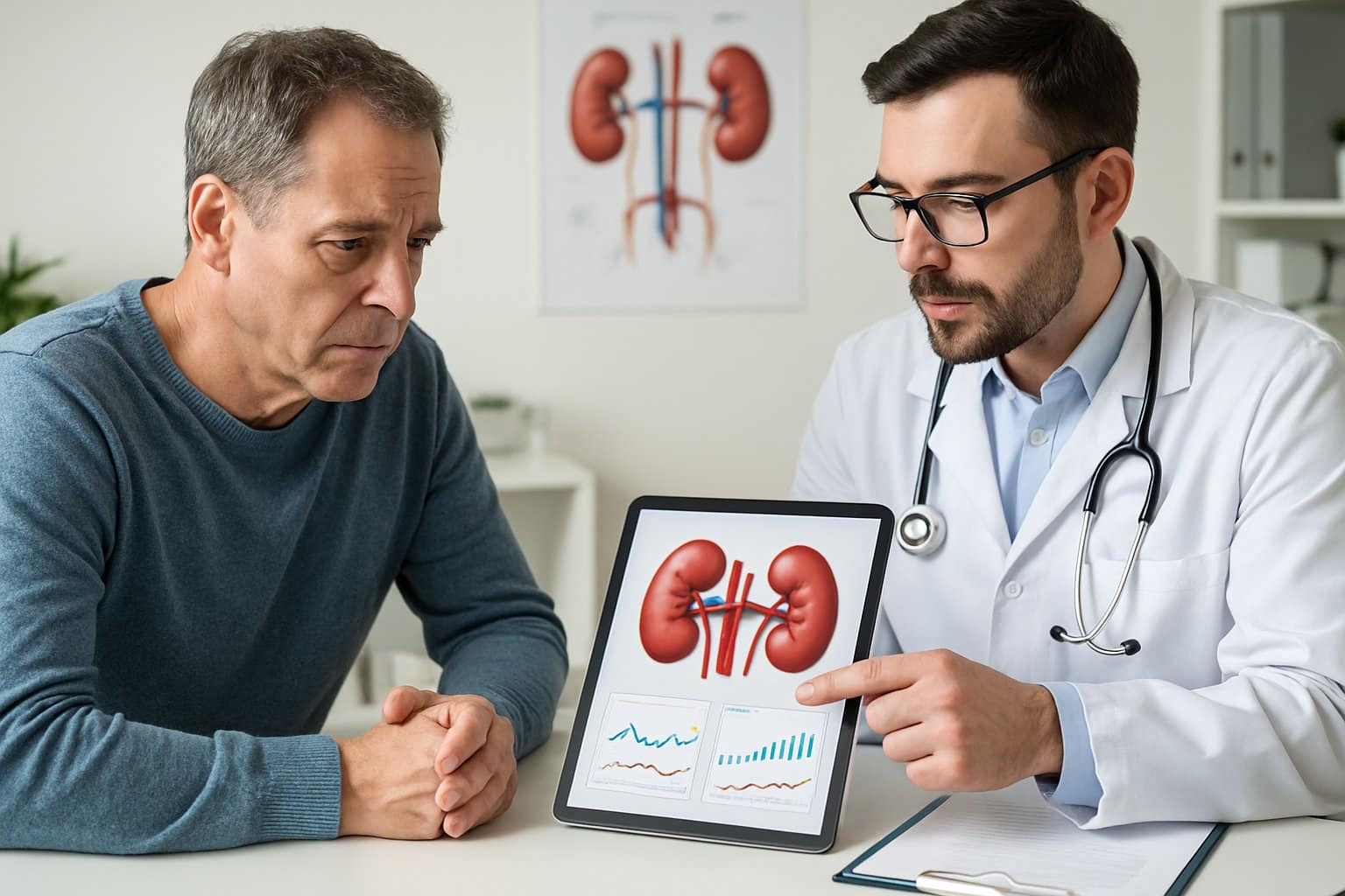A doctor explaining kidney health test results to a concerned patient in a medical office.