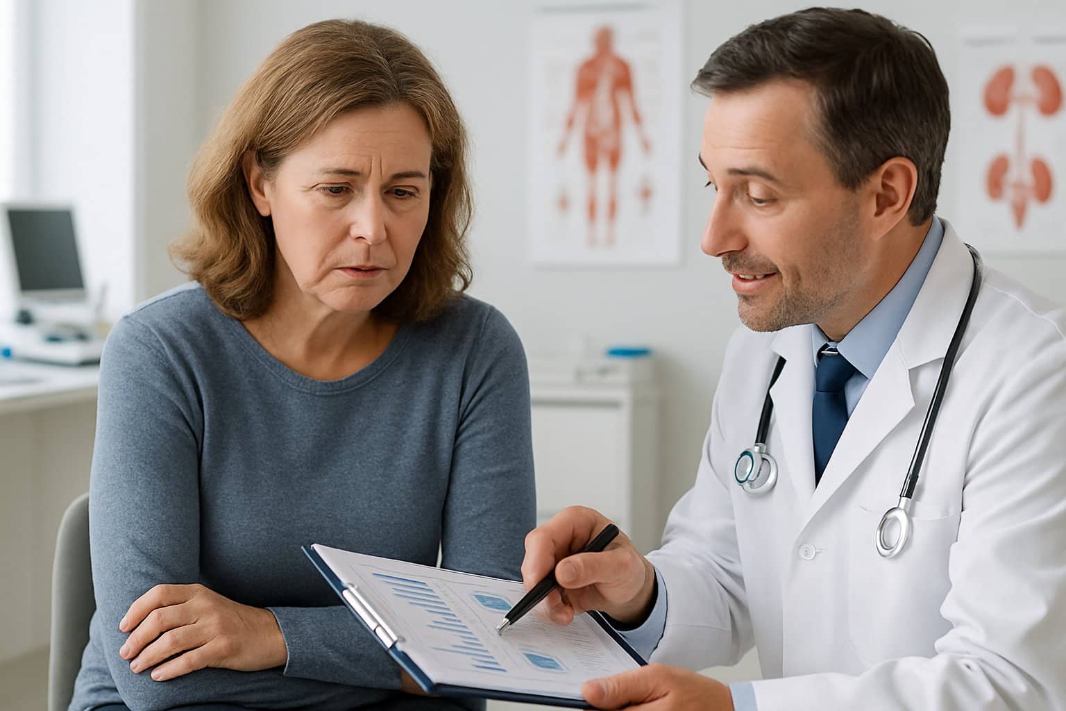 A woman in a medical office talking with a doctor who is showing her lab results on a clipboard.