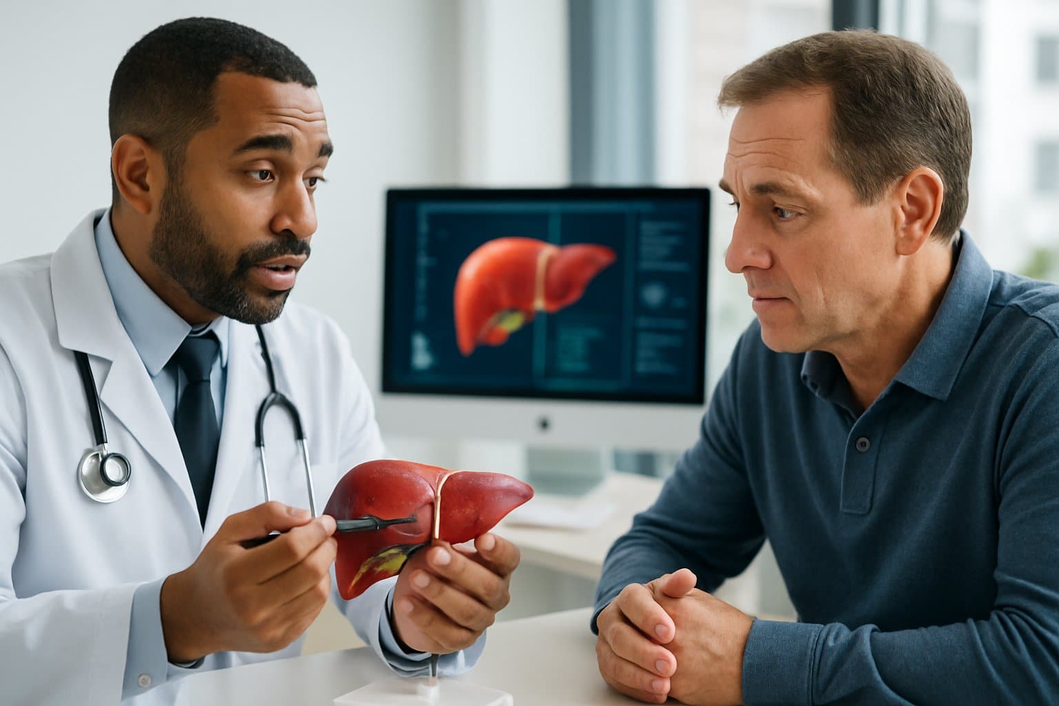 A doctor explains liver anatomy to a patient using a liver model in a medical office.