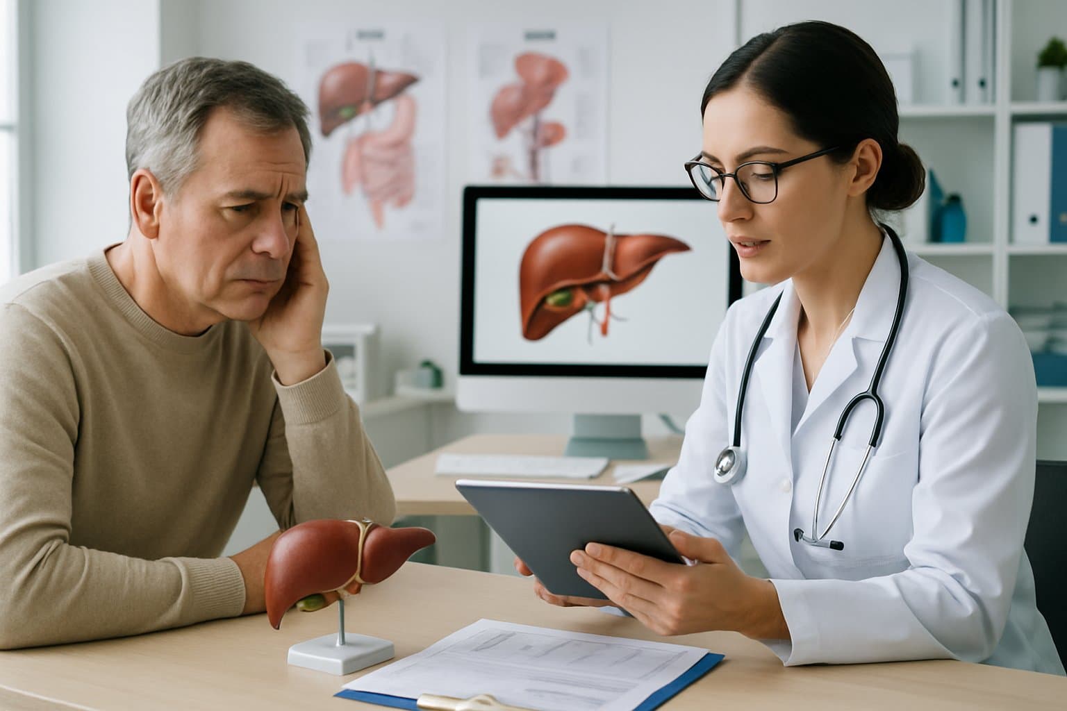 A doctor and patient discussing liver health with medical charts and a liver model on the desk in a clinic.
