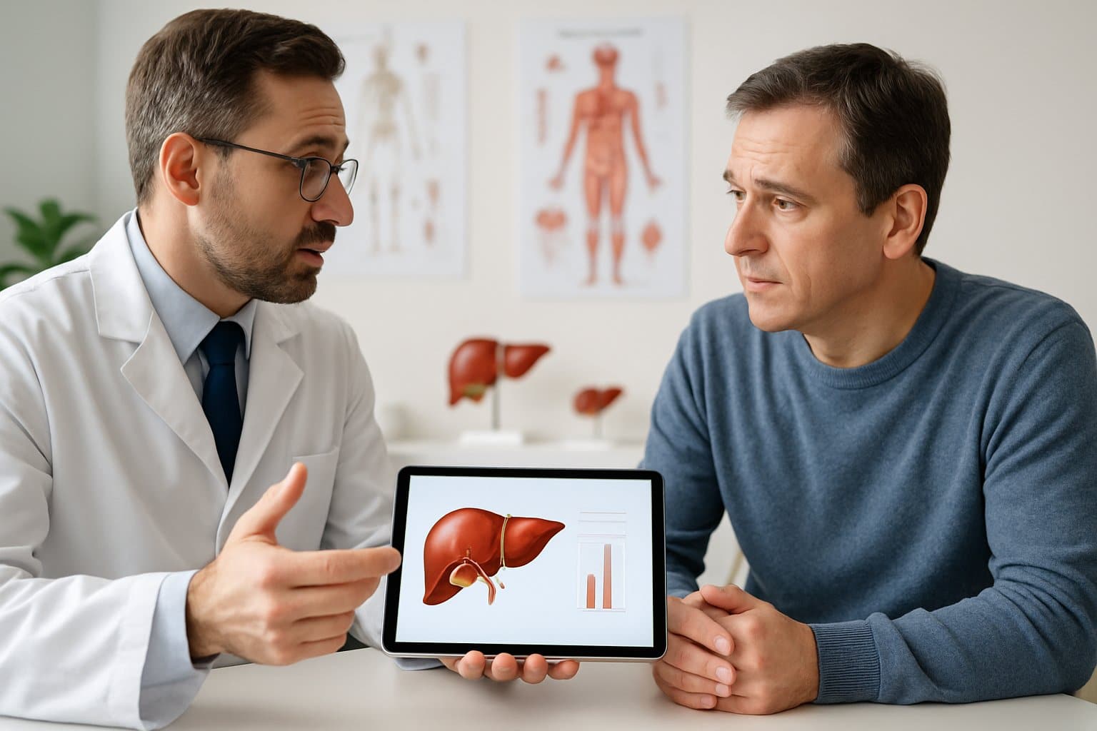 Doctor explaining liver anatomy to a patient during a medical consultation in a clinic.
