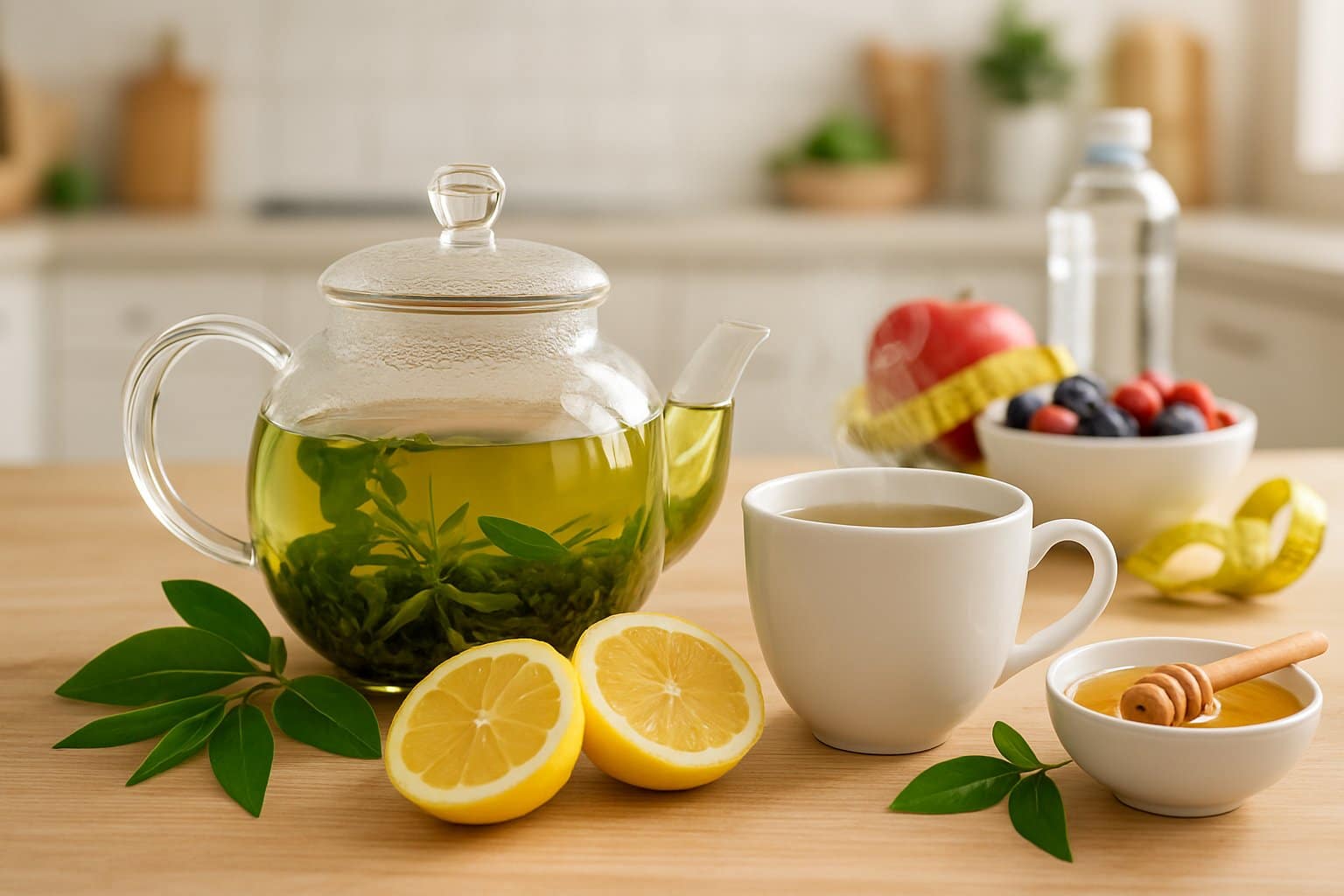 A steaming cup of green tea with a glass teapot, fresh tea leaves, lemon slices, and honey on a wooden table in a bright kitchen.