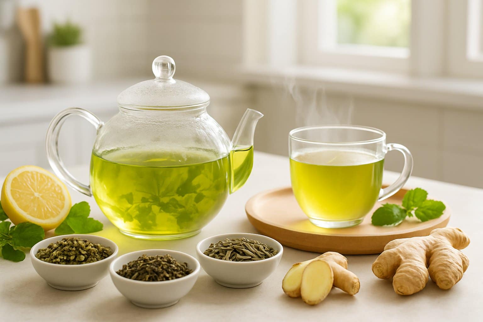 A kitchen scene with a glass teapot of steaming green tea, bowls of loose tea leaves, lemon slices, ginger, and mint leaves arranged on a wooden tray.