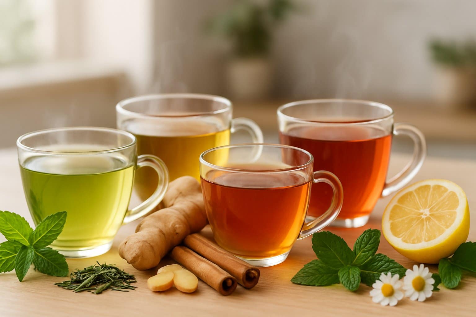 A table with several glass cups of steaming herbal teas surrounded by fresh herbs and ingredients like ginger, lemon, cinnamon, and mint.