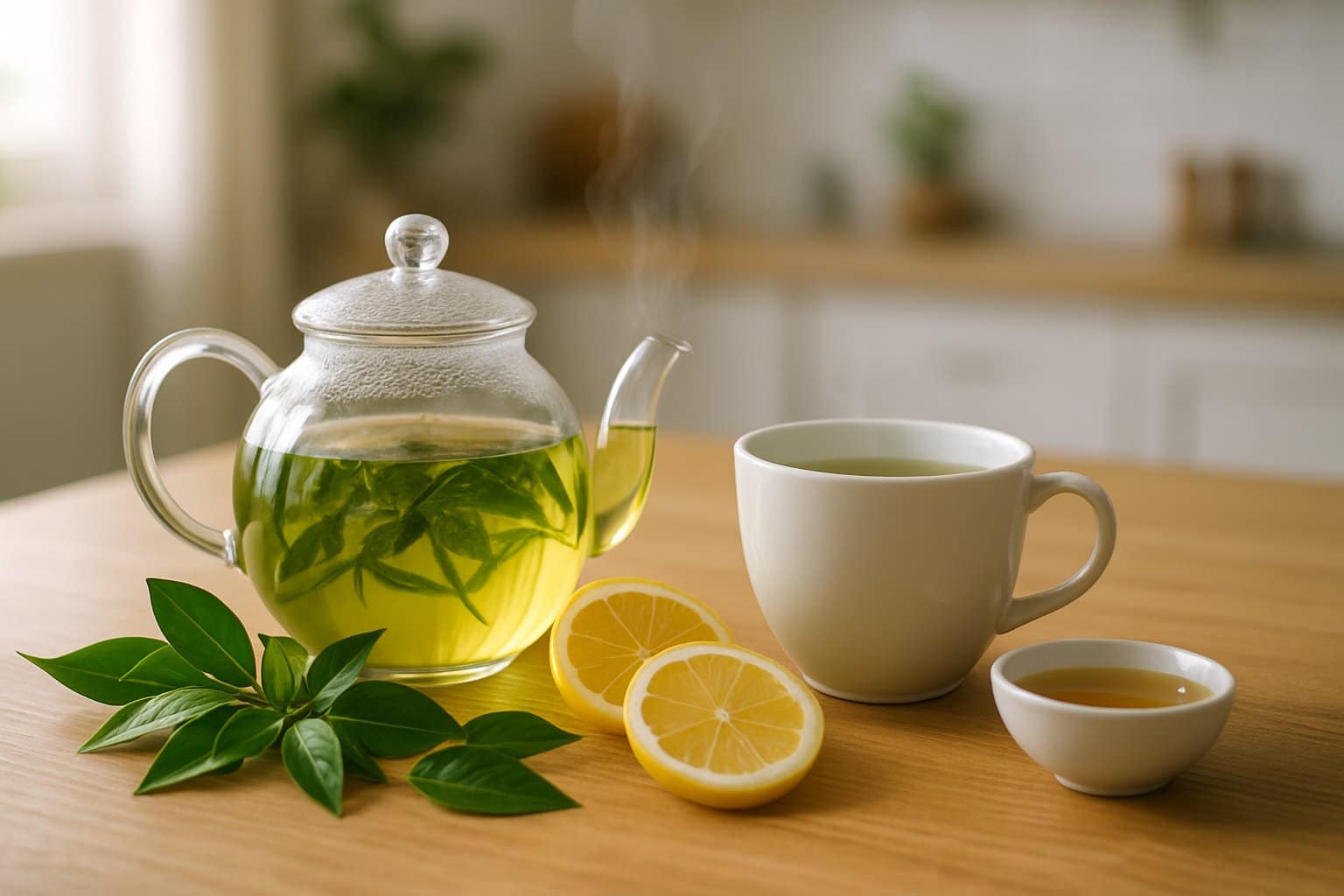 A glass teapot and a cup of steaming green tea on a wooden table with fresh tea leaves, lemon slices, and honey nearby.