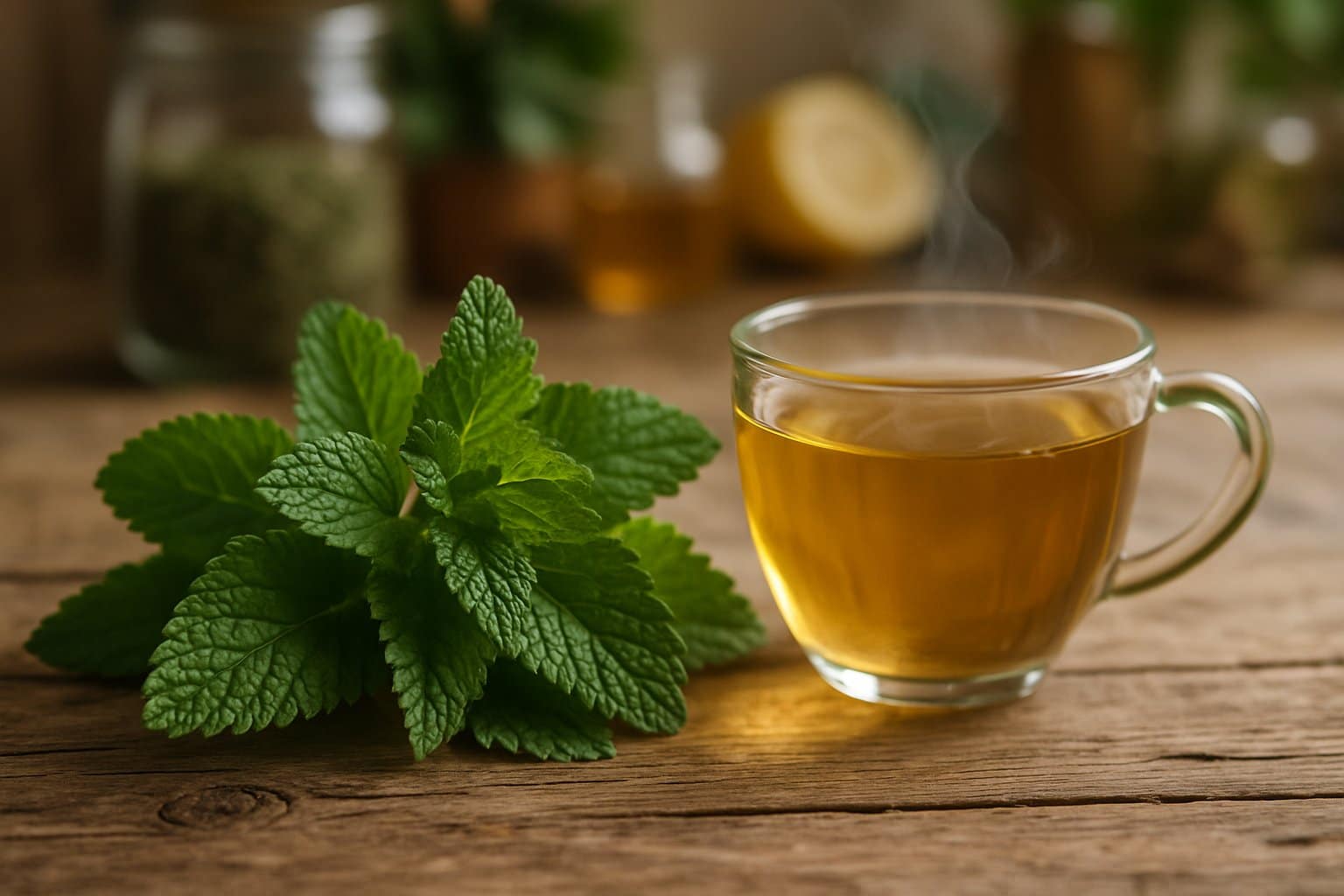 Close-up of fresh lemon balm leaves next to a steaming cup of lemon balm herbal tea on a wooden table with a blurred background of jars and natural ingredients.