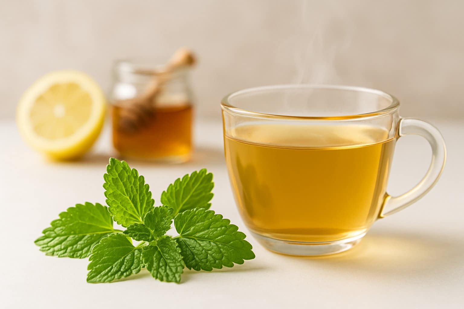 Fresh lemon balm leaves next to a steaming cup of lemon balm tea with honey and lemon in the background.