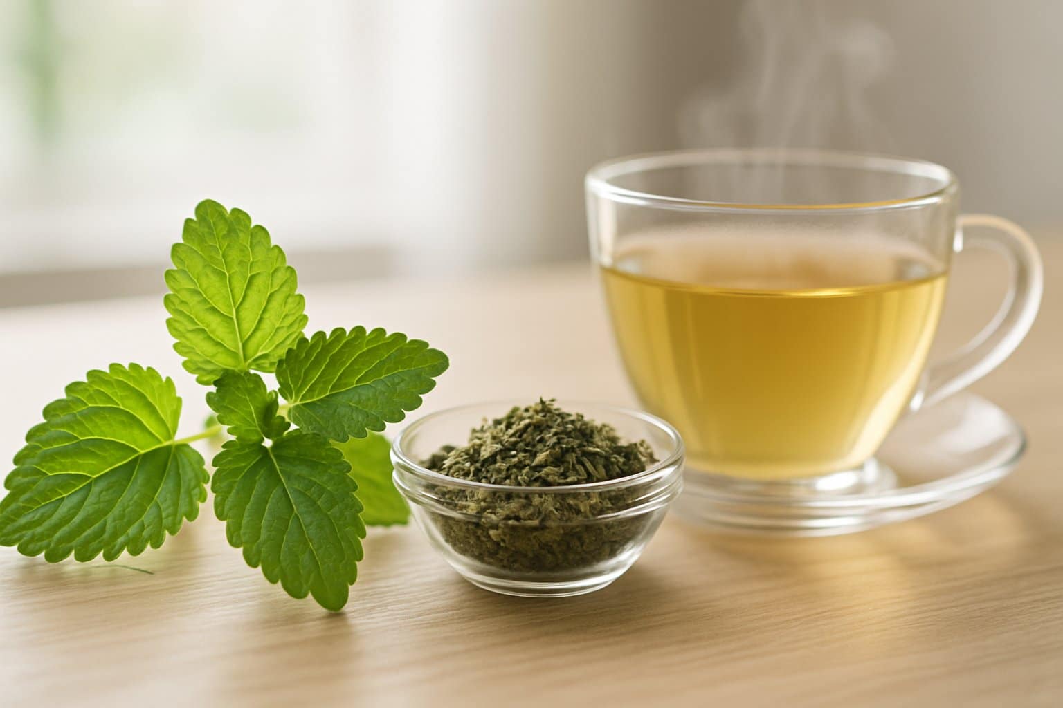 Close-up of fresh lemon balm leaves, dried herbs in a bowl, and a steaming cup of lemon balm tea on a wooden table with soft natural light.