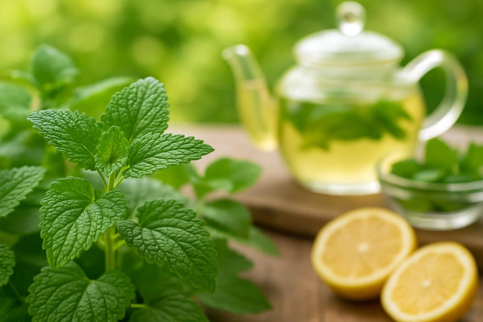 Close-up of fresh lemon balm leaves with a glass teapot of lemon balm tea and lemon slices on a wooden table.