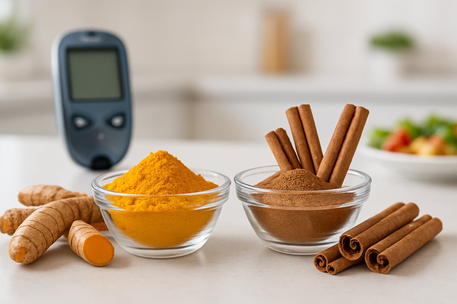 Two bowls on a kitchen countertop, one with turmeric powder and the other with cinnamon sticks and powder, with fresh roots and a glucose meter in the background.
