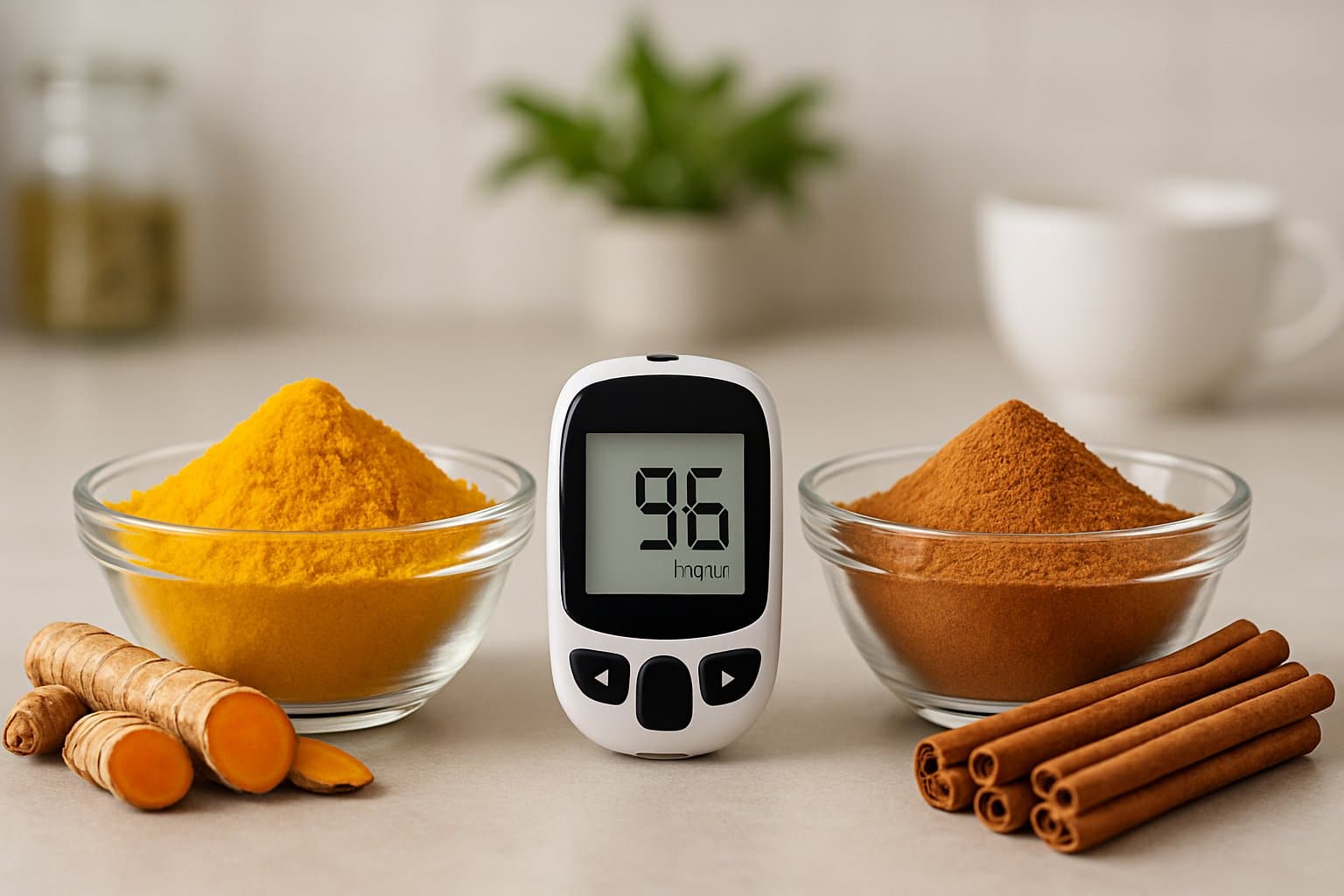 Two bowls on a kitchen counter, one with turmeric powder and roots, the other with cinnamon powder and sticks, alongside a glucometer and a cup of herbal tea.