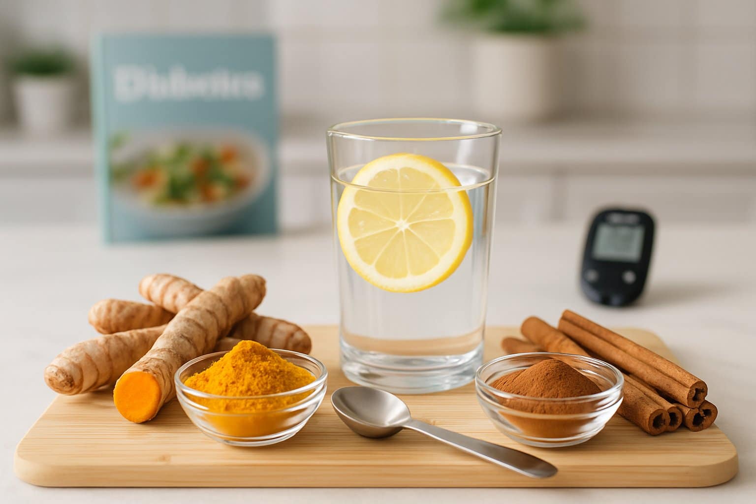 A kitchen countertop displaying fresh turmeric roots and powder on one side, cinnamon sticks and powder on the other, with a glass of water and a glucose monitor in the background.