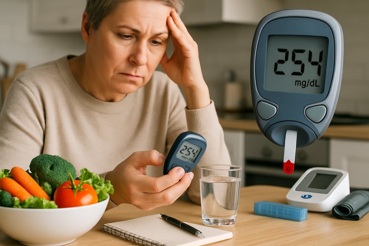 A person sitting at a kitchen table looking at a glucometer showing a high blood sugar reading with healthy foods and medical items nearby.