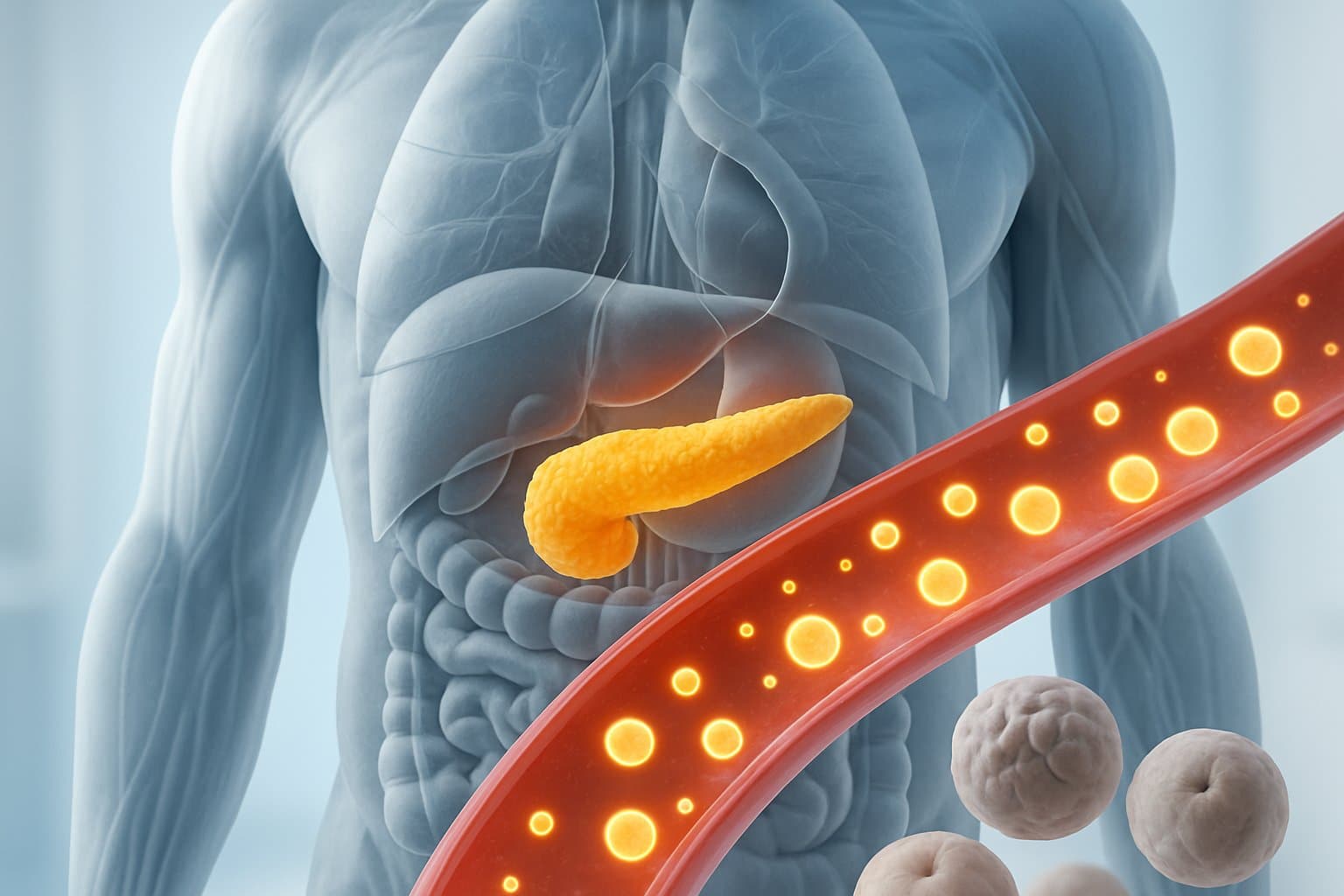 A human torso showing internal organs with glowing glucose molecules in the bloodstream and stressed cells, highlighting the effects of high blood sugar.