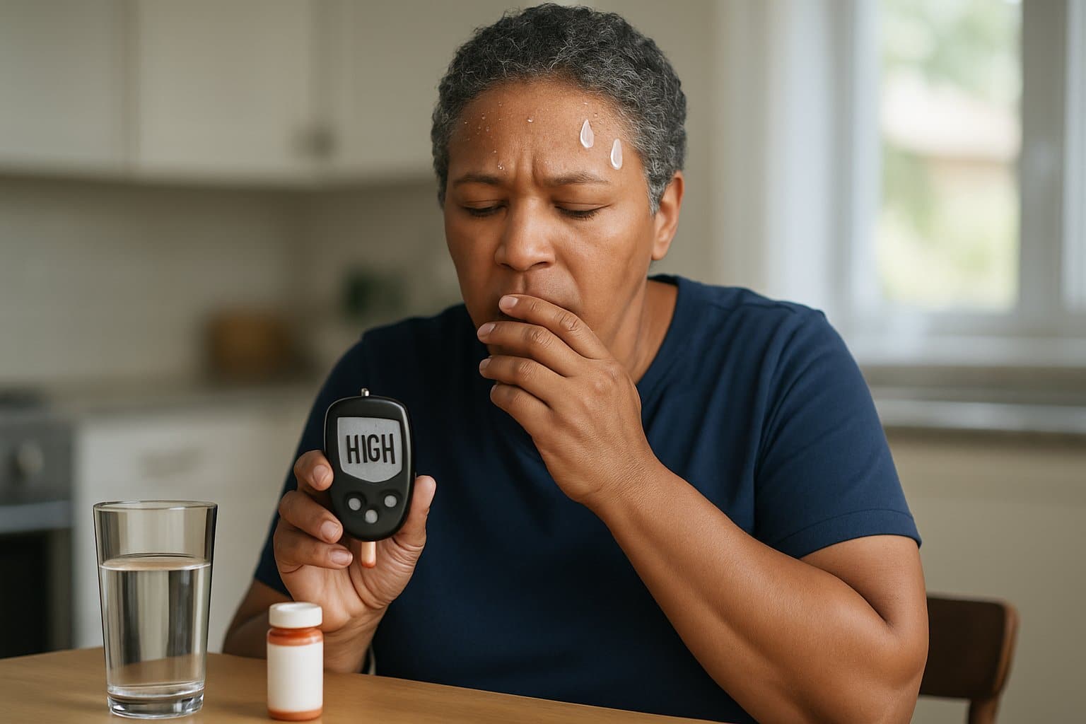 A middle-aged person sitting at a kitchen table looking concerned while holding a glucose meter, with a glass of water and medication nearby.