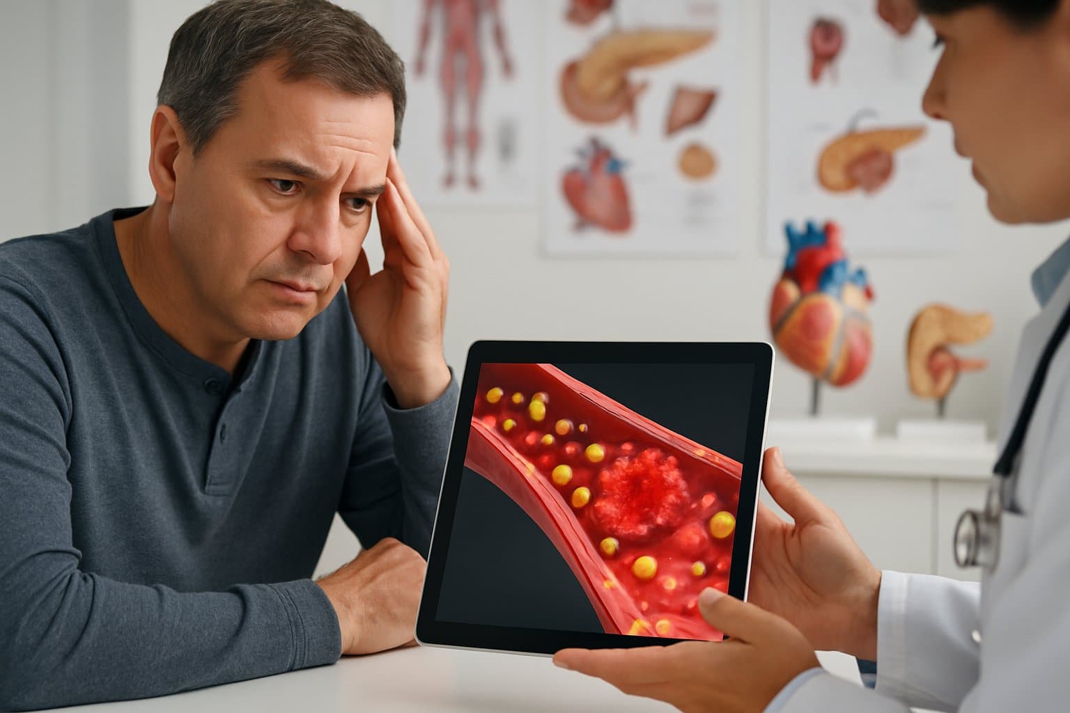 A person in a doctor's office listening to a healthcare professional explaining blood sugar complications using a digital tablet showing blood vessels and glucose.