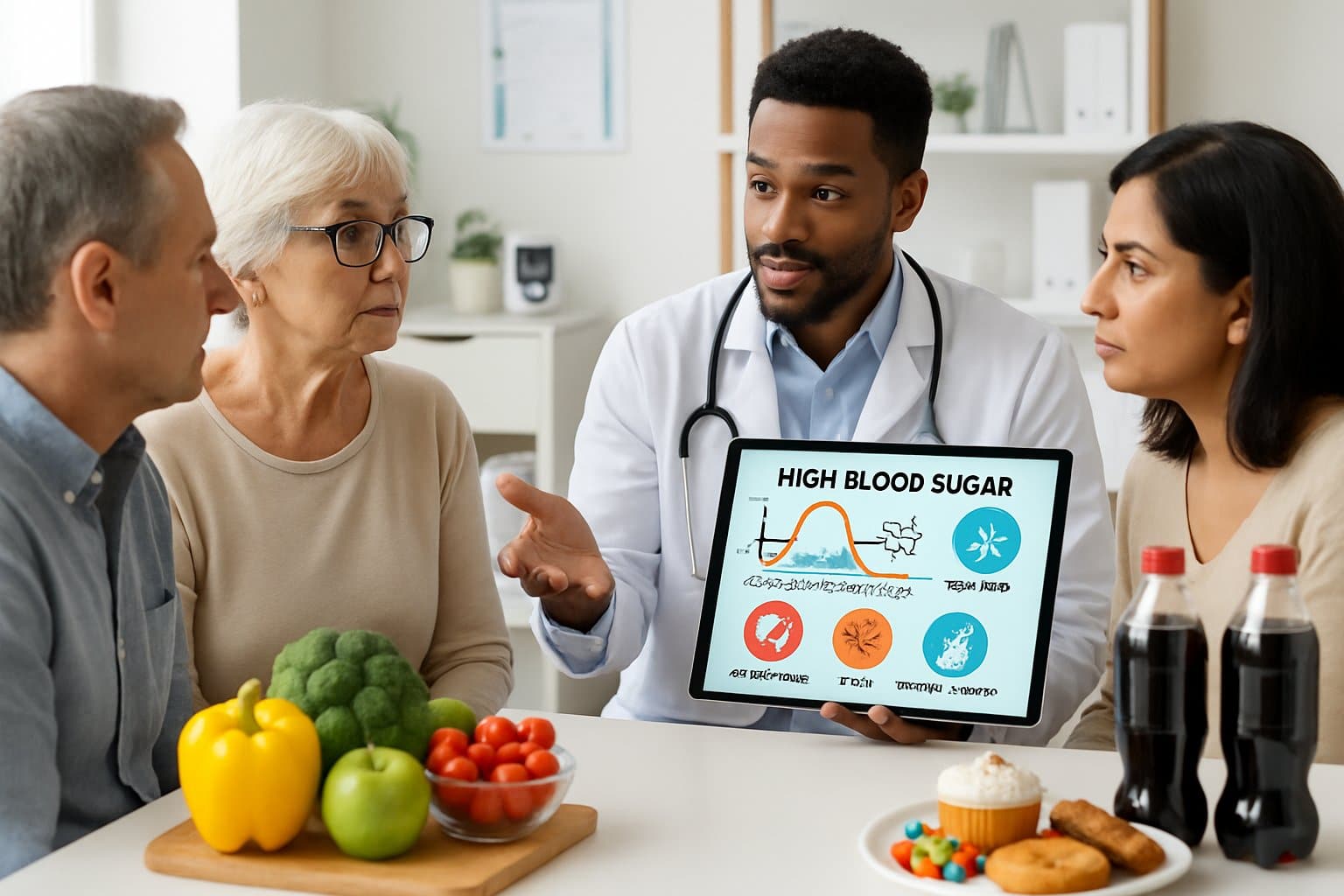 A doctor explains blood sugar causes to a group of adults in a medical consultation room with healthy and sugary foods on the table.