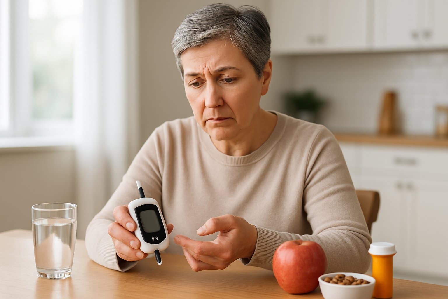 A person checking their blood sugar levels with a glucose meter at a kitchen table with a glass of water and healthy snack nearby.