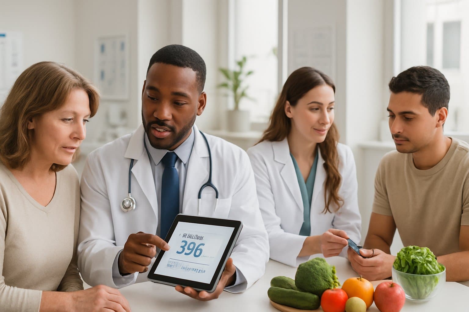 Healthcare professionals and patients in a medical clinic discussing blood sugar management and prevention with digital devices and healthy foods.