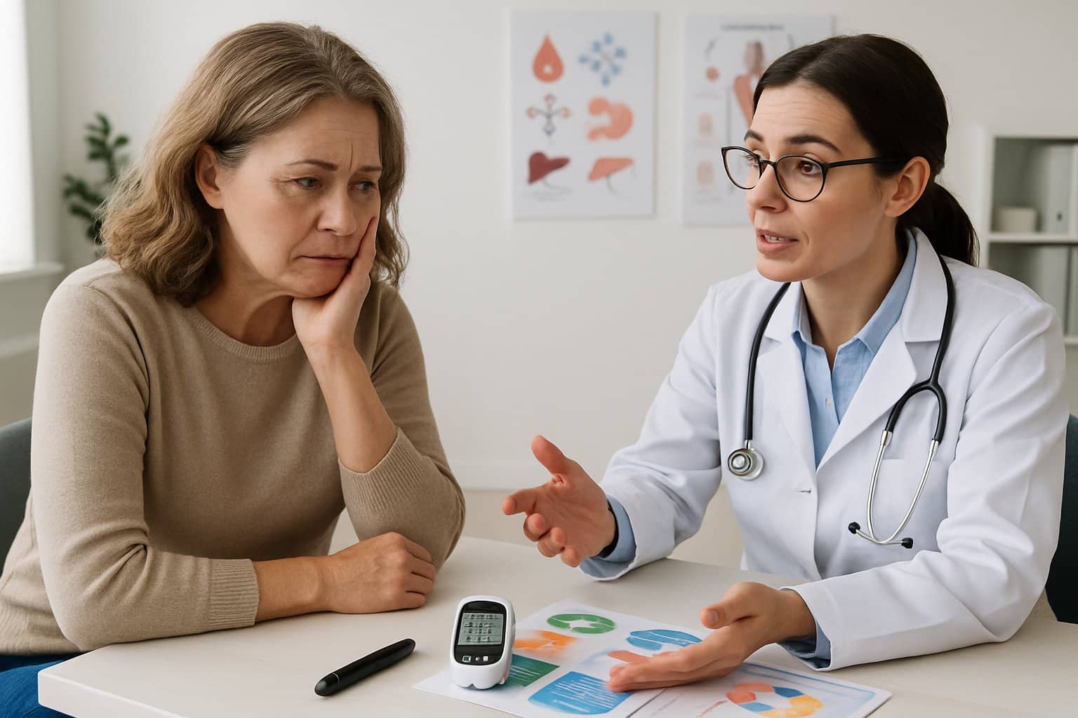 A woman talking with a doctor in a medical office, with a blood glucose monitor on the desk showing high levels.