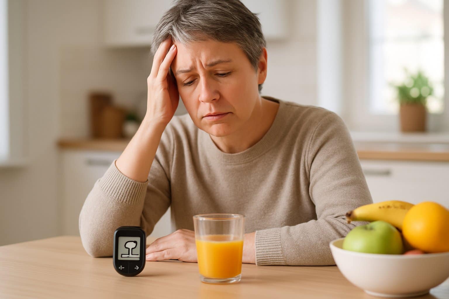 A person sitting at a kitchen table looking concerned and holding their head, with a glucose meter and a glass of orange juice on the table.