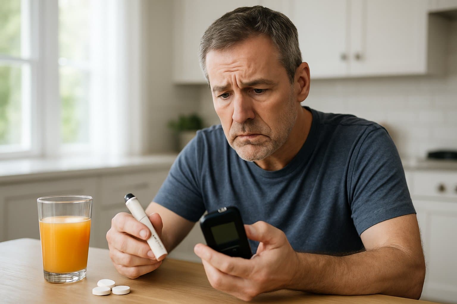 A middle-aged man at a kitchen table checking his blood sugar with a glucose meter, with juice and glucose tablets nearby.