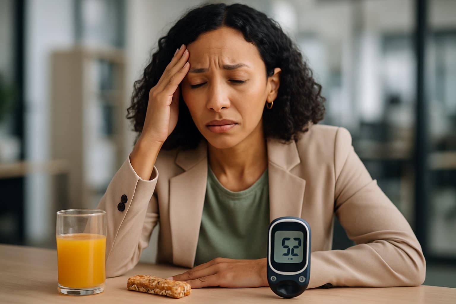 A woman at a desk looking dizzy and holding her head, with a glucose meter showing low blood sugar and a glass of juice nearby.