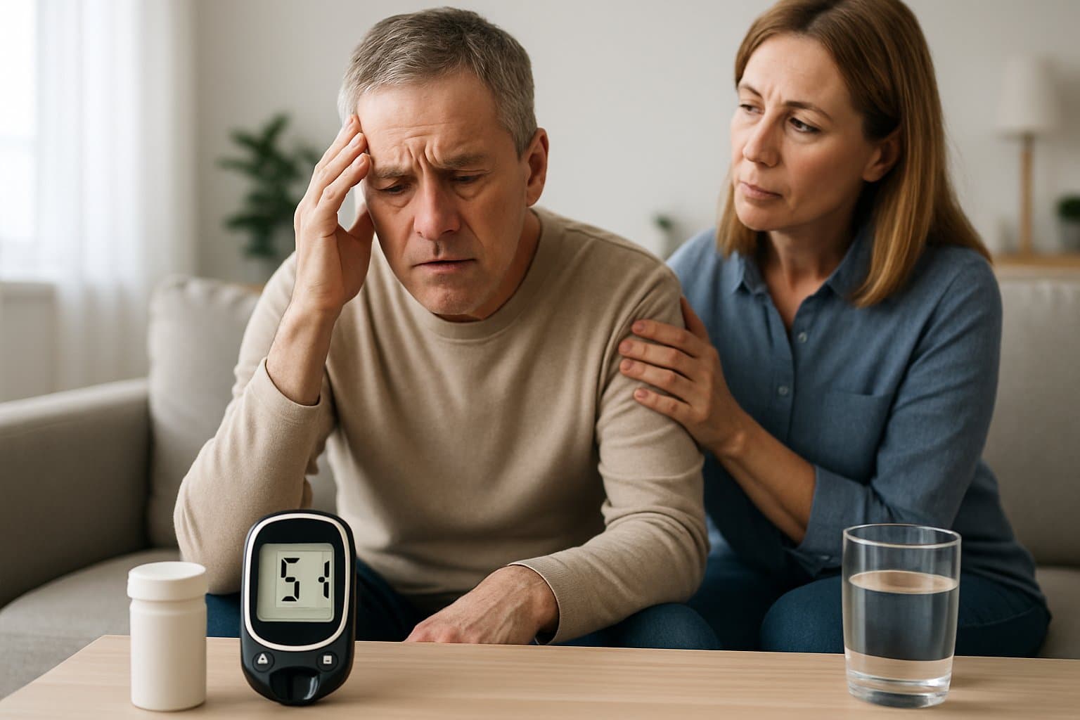 A middle-aged person looking tired and confused on a couch, supported by a concerned family member, with a glucose meter showing a low reading on a nearby table.