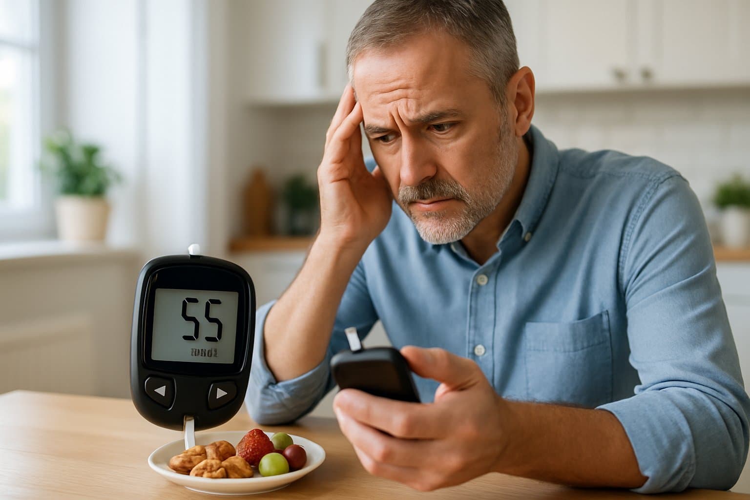 A middle-aged man sitting at a kitchen table holding a glucose meter, looking concerned, with healthy snacks and a bright kitchen in the background.