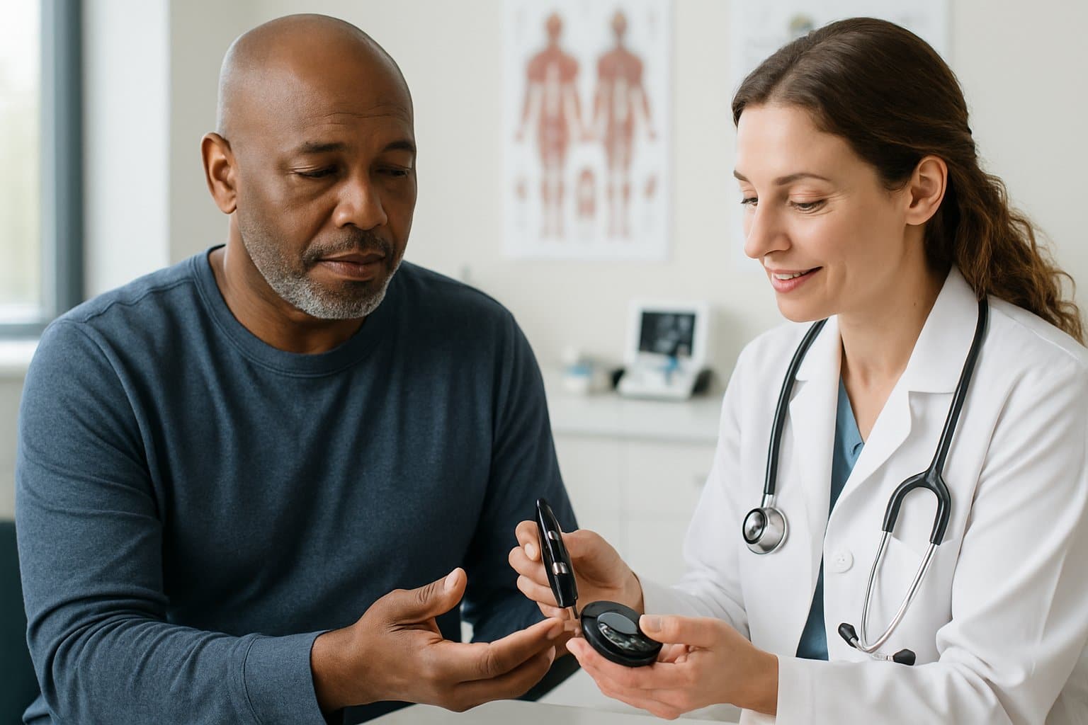 A healthcare professional checking a patient's blood sugar level with a glucometer in a medical office.