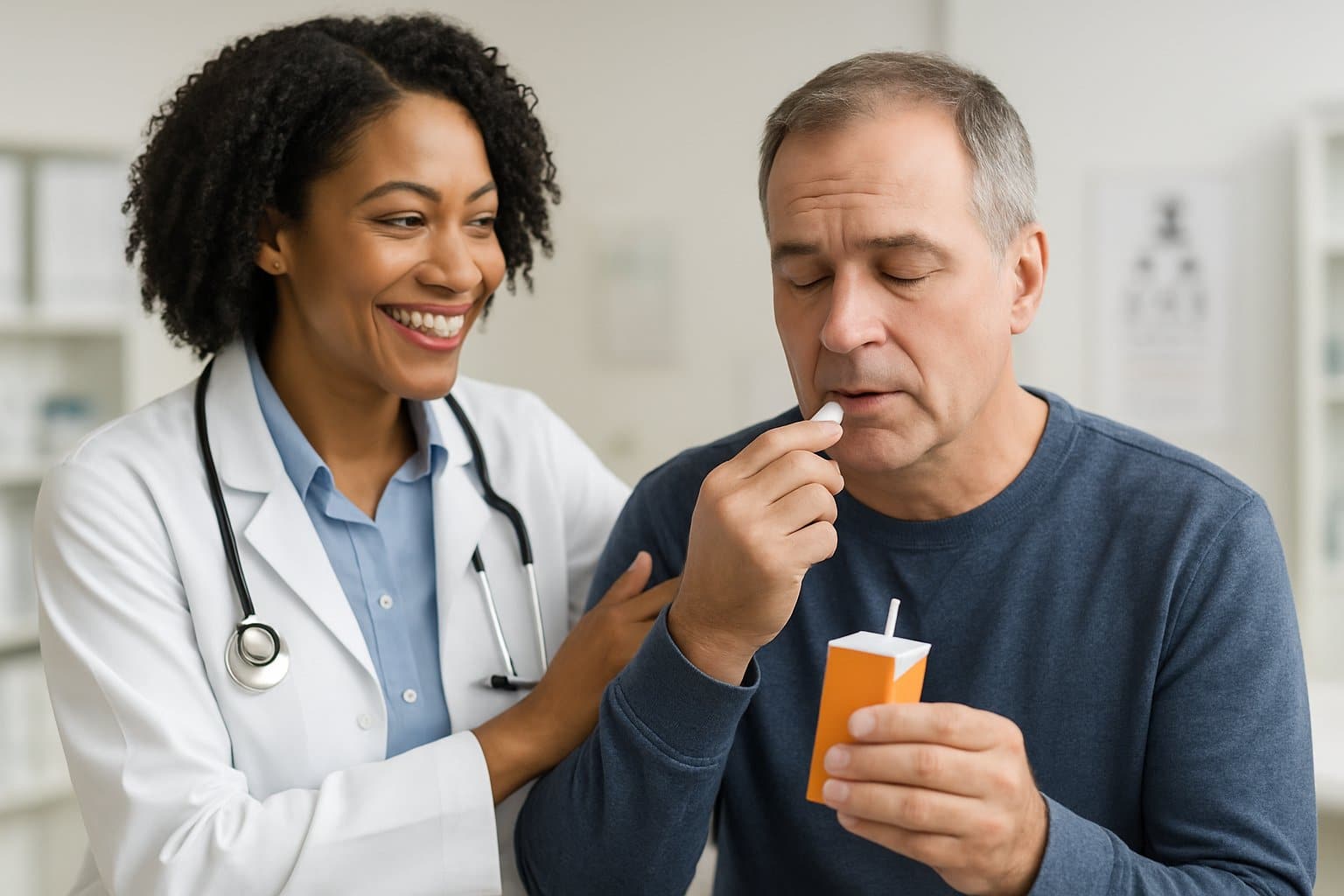 A healthcare professional helps a patient take glucose tablets in a medical office.