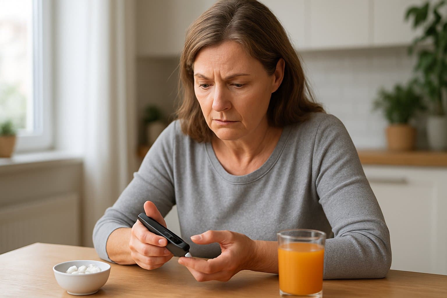 A middle-aged woman checking her blood glucose level at a kitchen table with glucose tablets and a glass of juice nearby.
