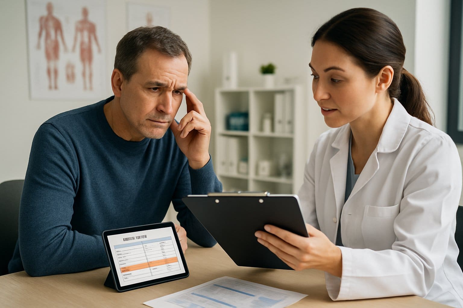 A man and a female doctor in a medical office reviewing a blood test report together.