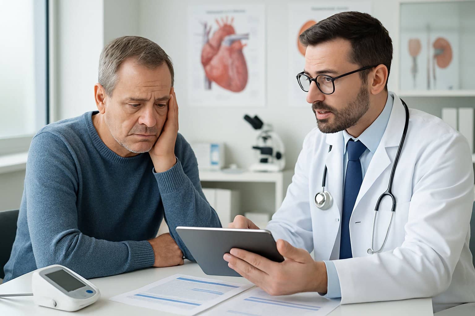 A man consulting with a doctor in a medical office, discussing health information with medical charts and equipment visible.