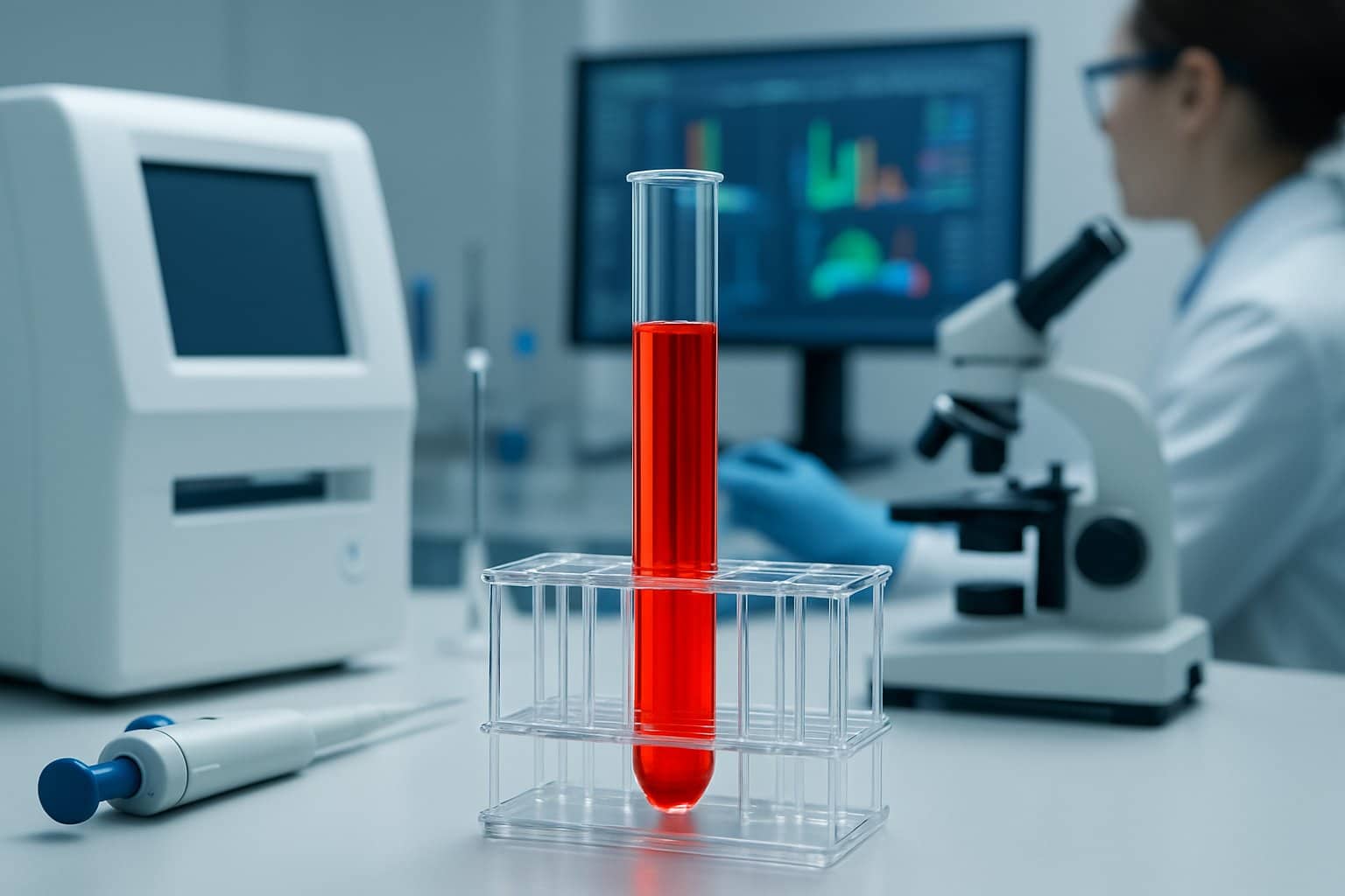 Close-up of a blood sample in a test tube on a lab bench with medical equipment and a healthcare professional analyzing data on a computer in the background.