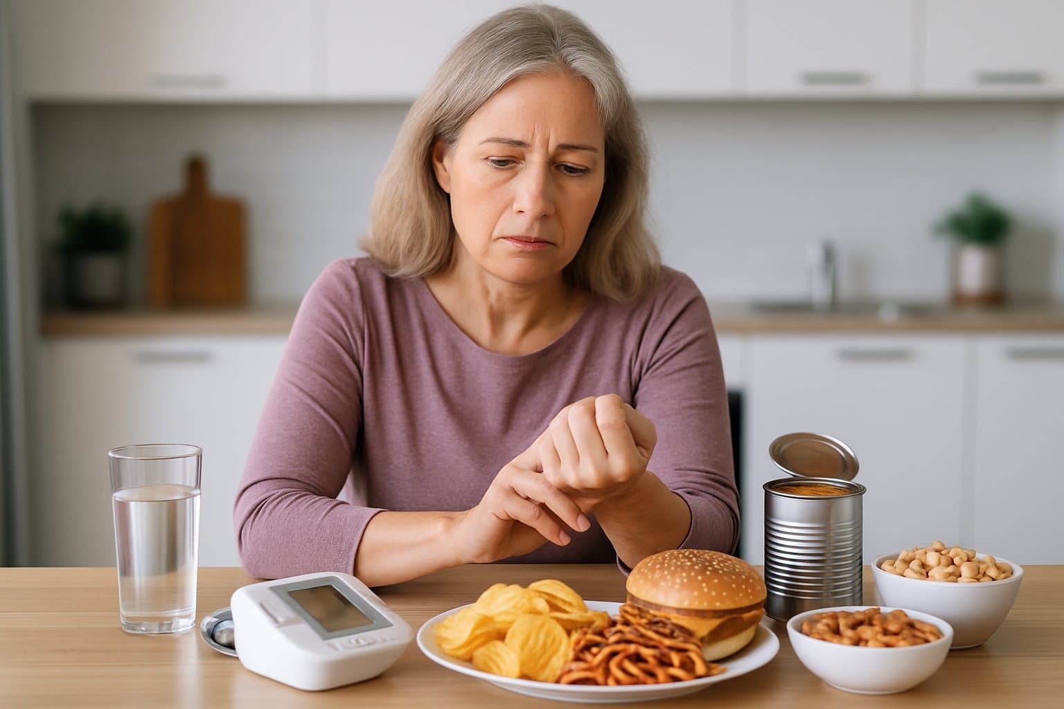 A middle-aged woman sitting at a kitchen table, checking her pulse with high-sodium foods and a blood pressure monitor nearby.