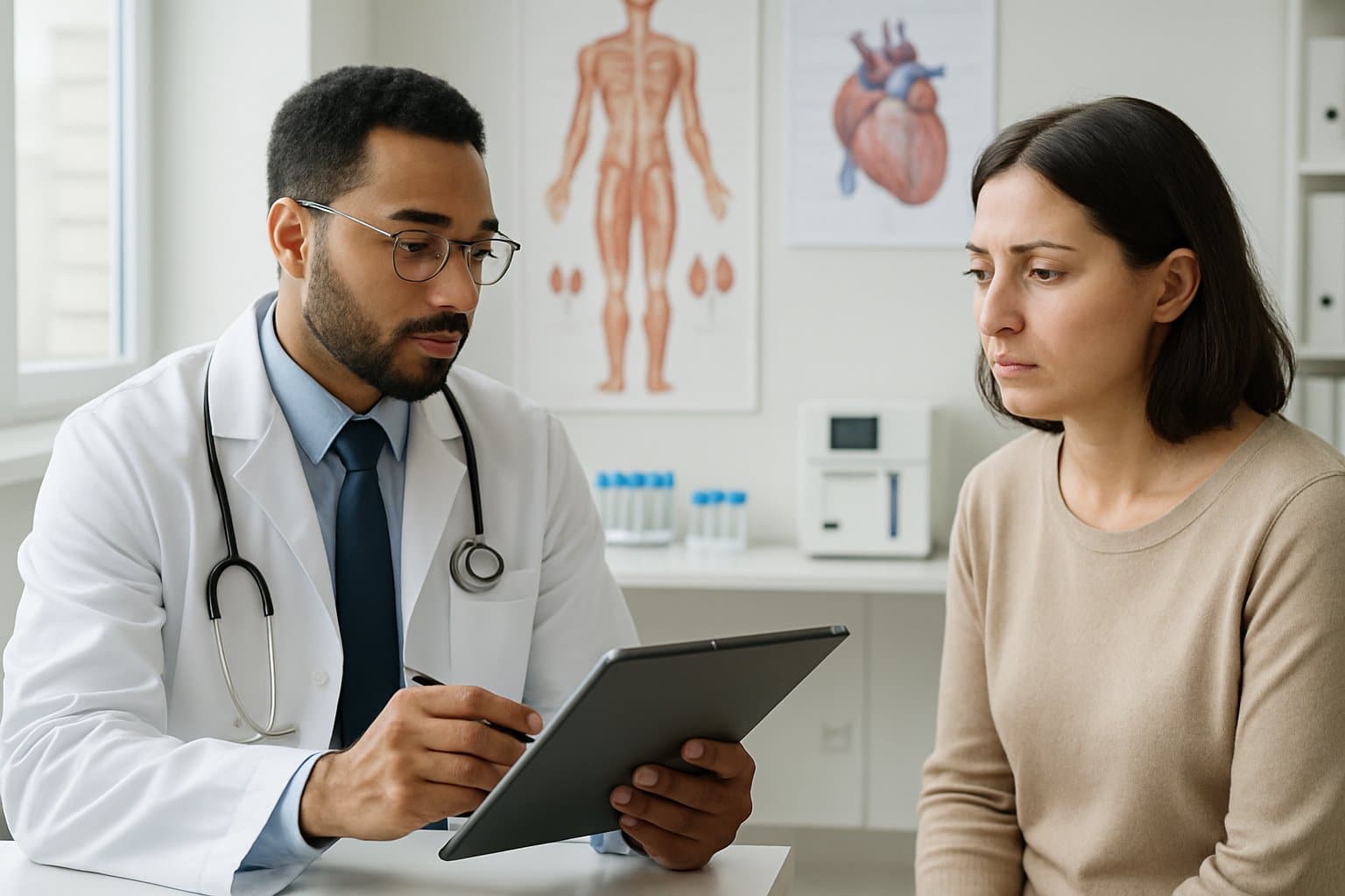 A doctor reviewing blood test results with a patient in a medical office showing anatomical charts and lab equipment.
