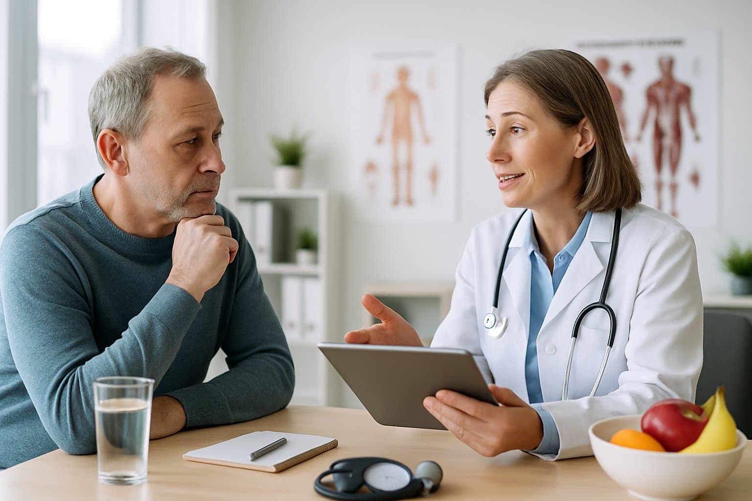 A doctor and a patient having a supportive conversation in a bright medical office, with medical charts and healthy fruits on the desk.
