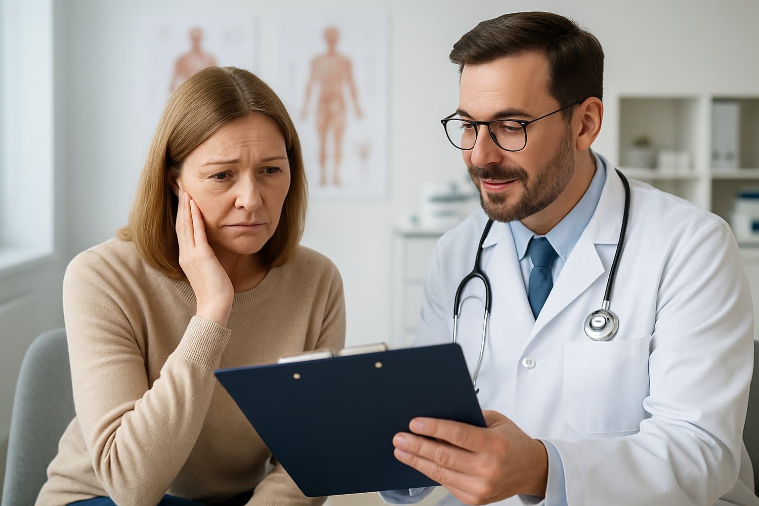 A woman consulting with a doctor in a medical office, looking concerned while the doctor explains something on a clipboard.