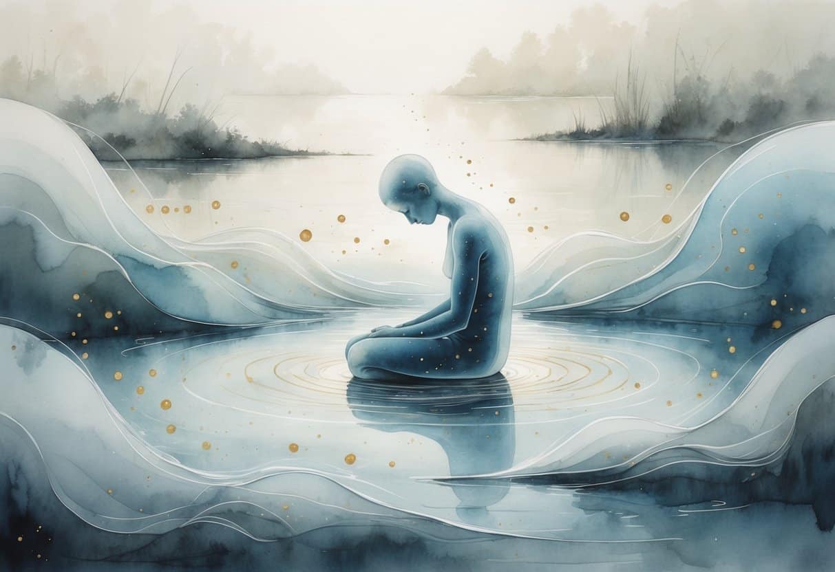 A transparent human figure sitting quietly surrounded by soft blue and gray waves with small glowing dots fading away, set against a calm water landscape.
