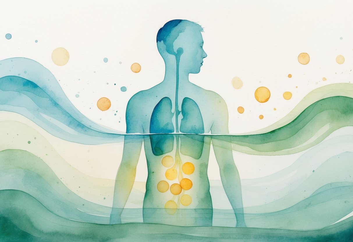 A translucent human figure with flowing water inside, surrounded by soft blue waves and scattered glowing sodium ions.