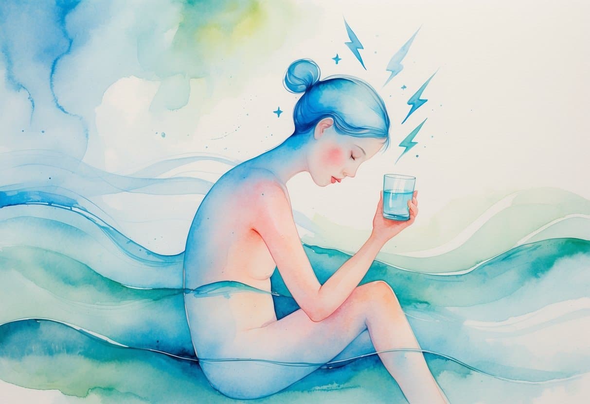 A watercolor painting of a human figure showing signs of fatigue and dizziness, surrounded by soft waves and symbols representing low sodium symptoms.