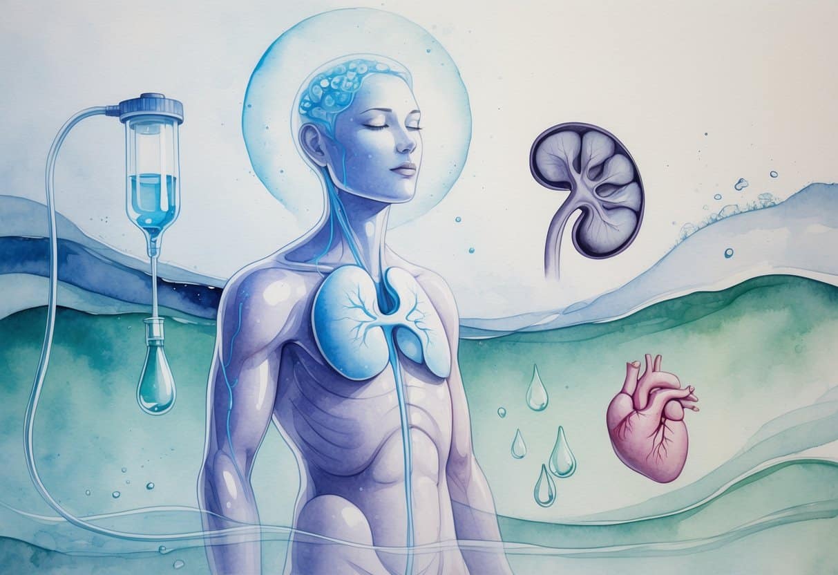 A human figure surrounded by symbols of kidneys, heart, intravenous drip, and dissolving salt crystals, representing causes and effects of low sodium levels in the body.