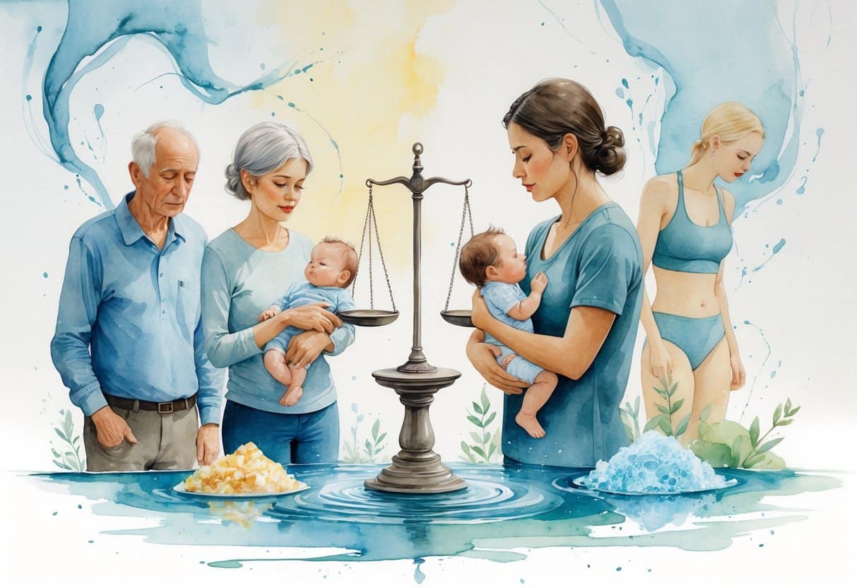 A group of diverse people showing signs of fatigue and dizziness surrounded by water and salt crystals, with symbols representing the effects of low sodium on the body.