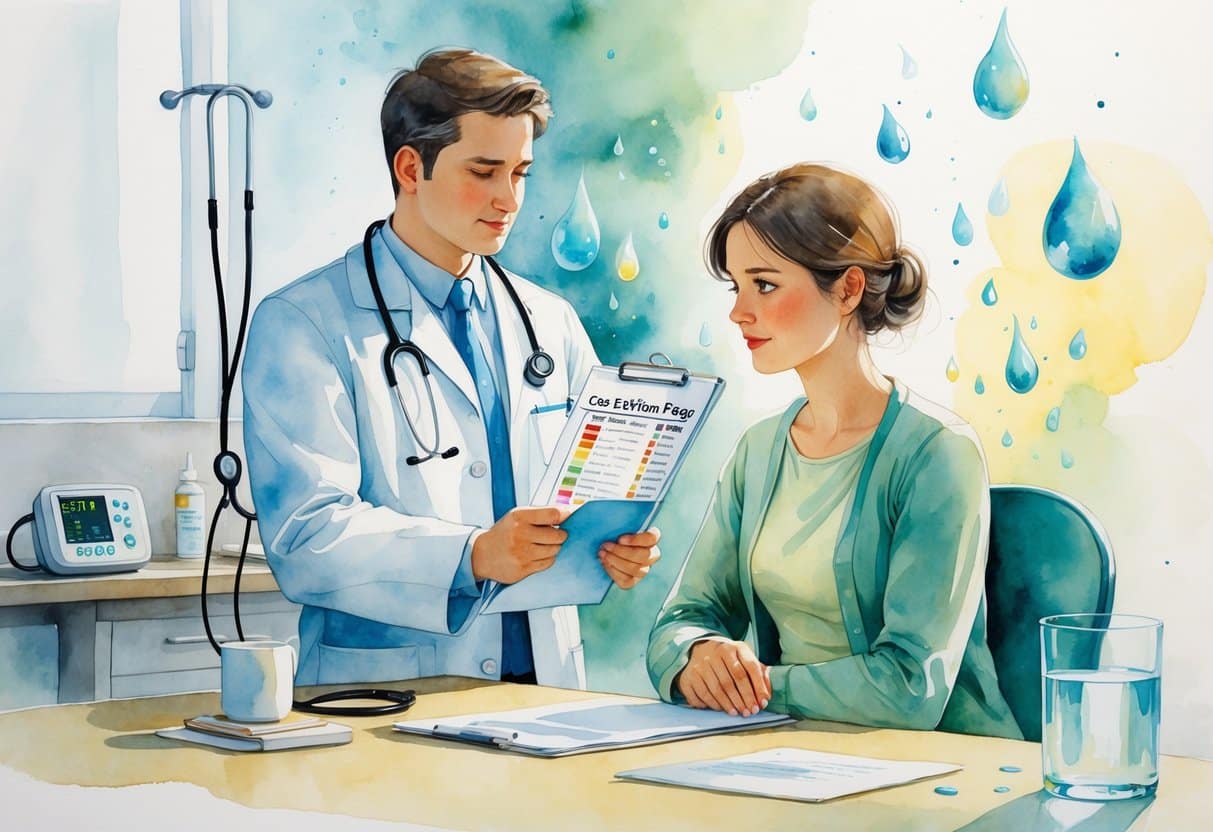 A doctor and patient in a medical office discussing blood test results, with floating droplets symbolizing sodium levels around them.